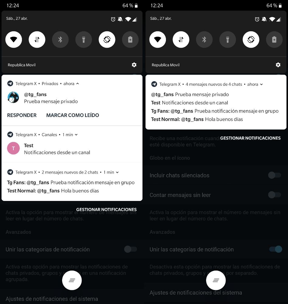 Notificaciones separadas vs agrupadas en Telegram X