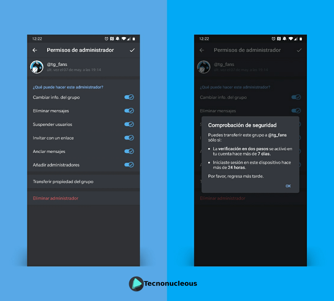 Transferir un grupo o canal a otra persona en Telegram