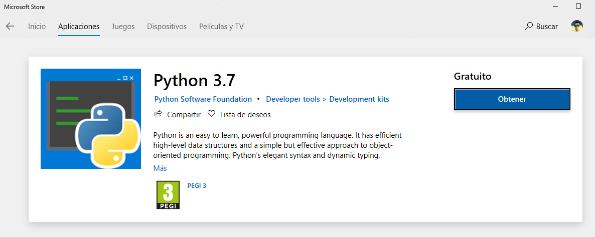 Python 3.7 disponible en la tienda de Windows 10