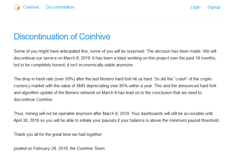 Coinhive cierra el 8 de marzo finalmente